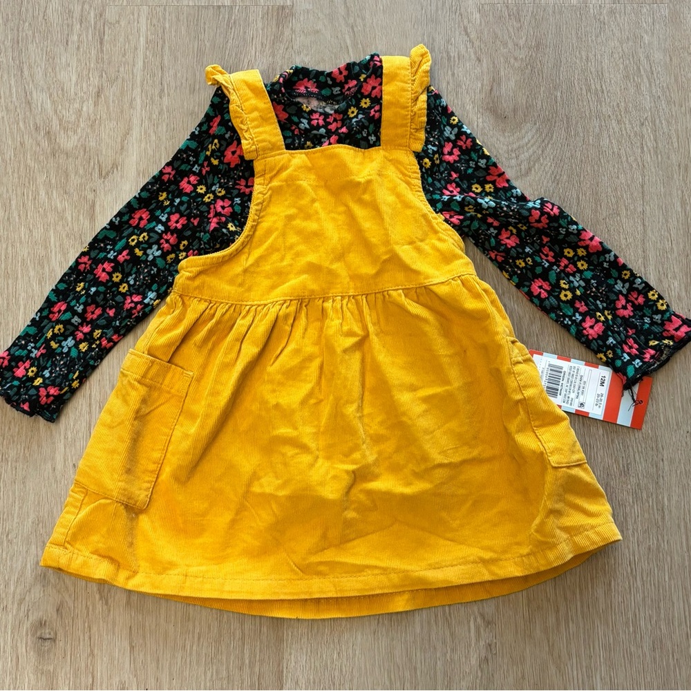NWT Cat & Jack Yellow Pinafore Corduroy Dress with Floral Top